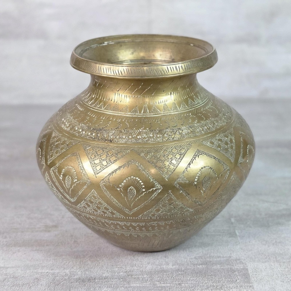 Antique Asia Brass Round Lota Water Vessel Jar Vase Hand Crafted Engraved 6"